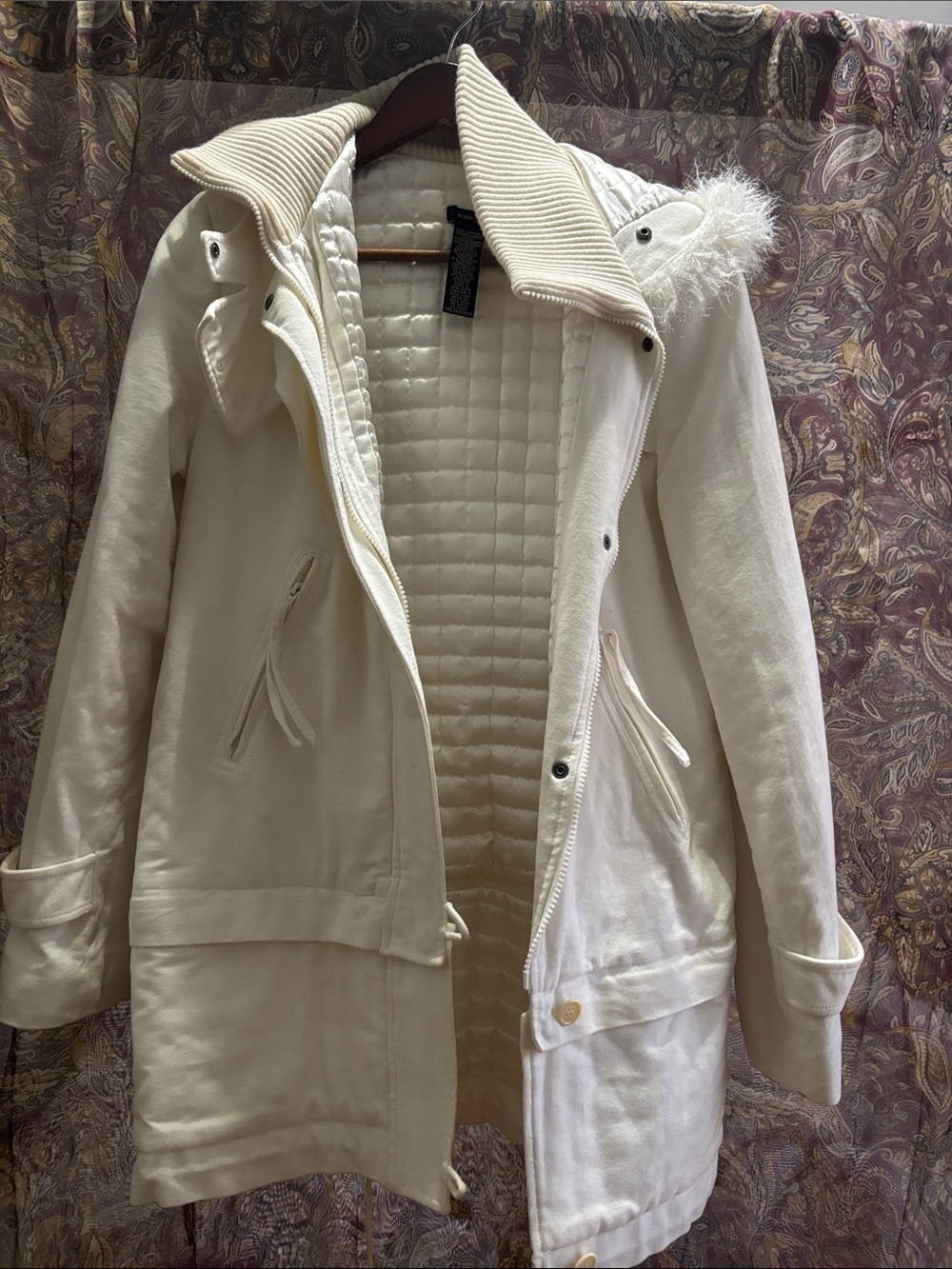 BCBGMaxAzria Cream Hooded Trench Coat with Faux-Fur Trim